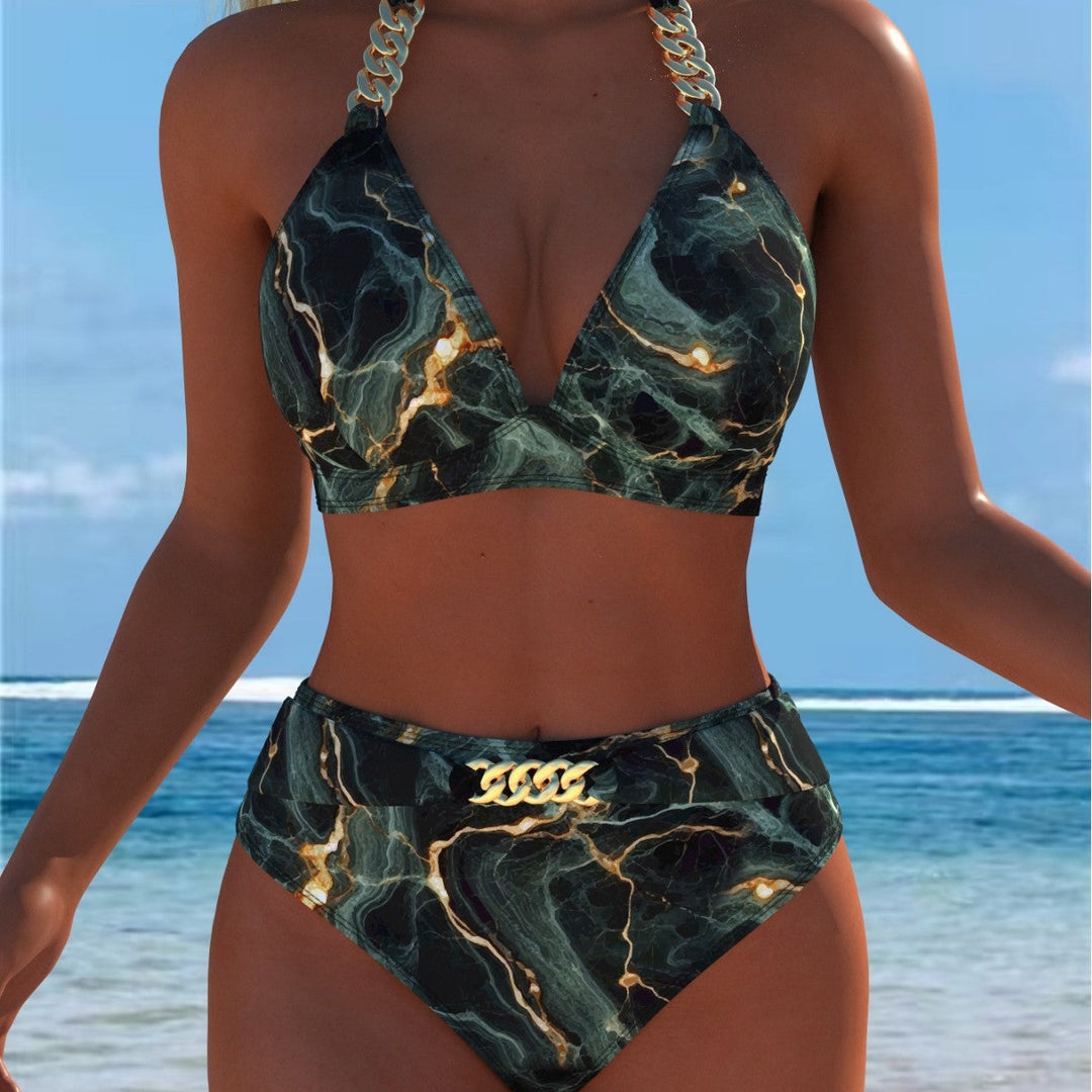 Damen Bikini mit luxuriösem Marmormuster und edlen Details