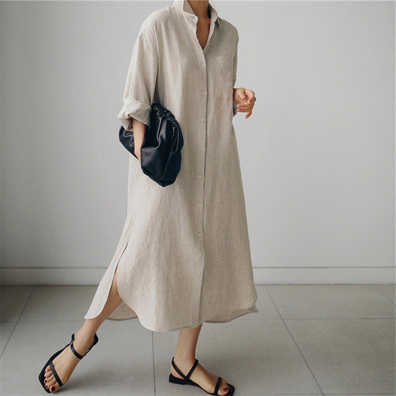 Damen Langes Leichtes Hemdblusen-Midaxi-Kleid mit Kentkragen und hohen Seitenschlitzen Shop Nory
