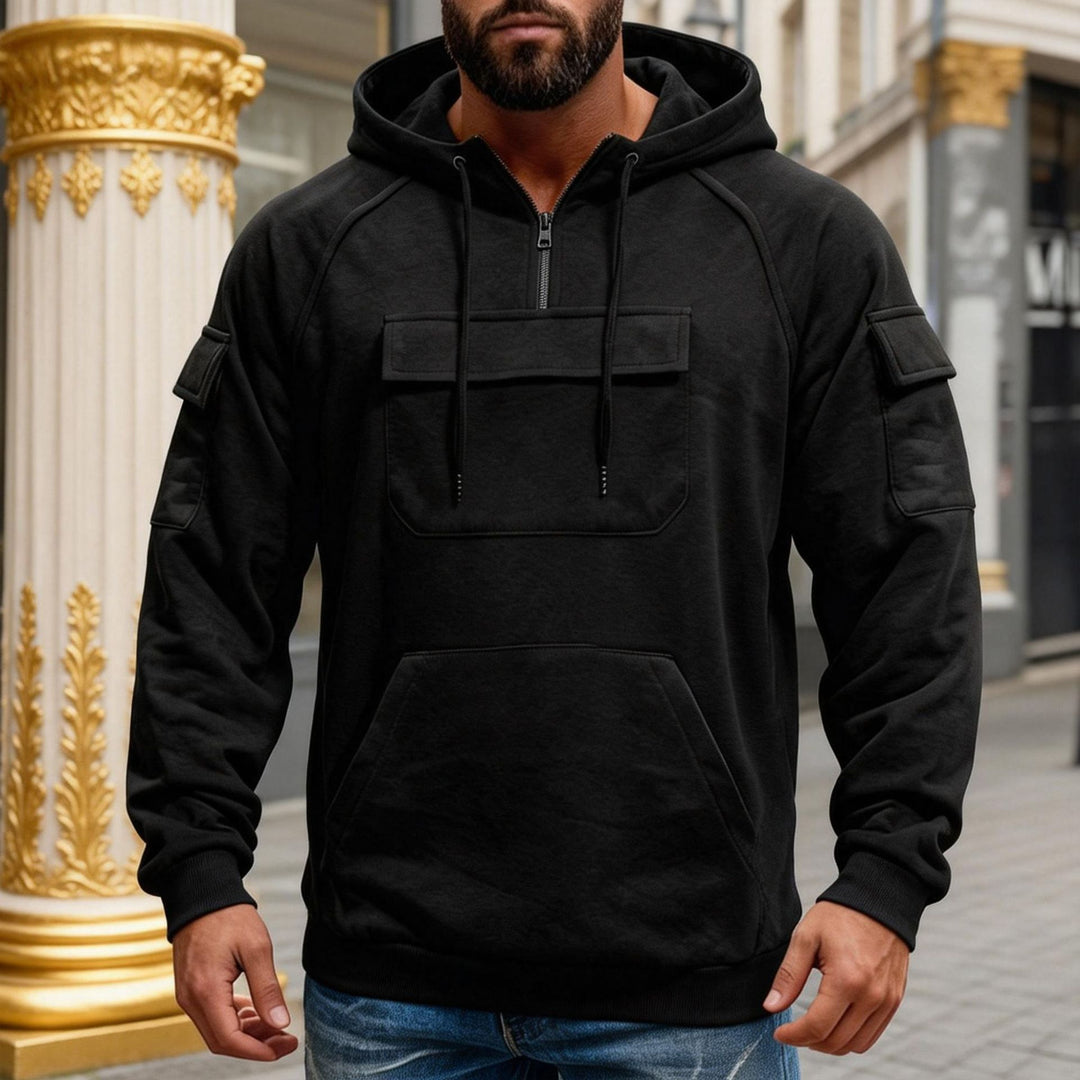 Herren funktionaler Kapuzenpullover mit halbem Frontreißverschluss, aufgesetzter Fronttasche mit Klappe und Kängurutasche Shop Nory