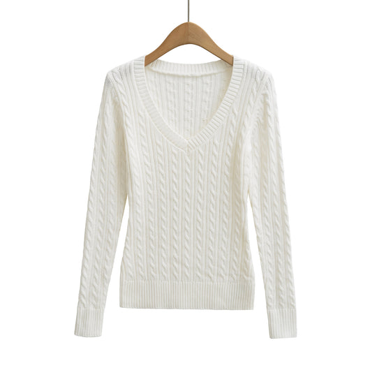 Damen Grobgestrickter V-Ausschnitt Pullover mit Zopfstrickstruktur Shop Nory