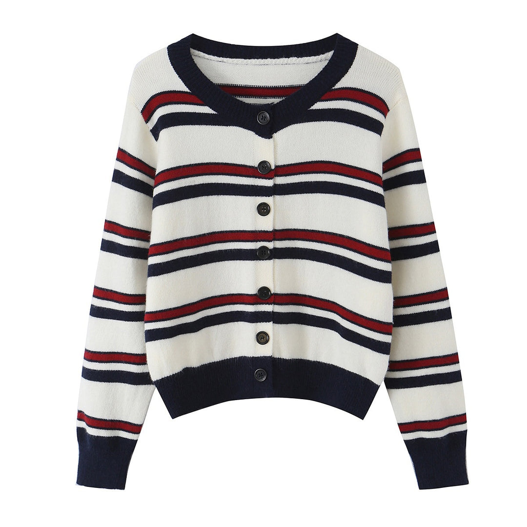 Damen Gestreifte Strickjacke mit Knopfleiste und geripptem Saum Shop Nory