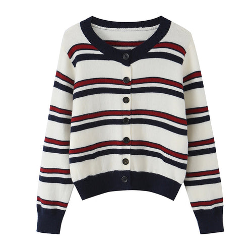 Damen Gestreifte Strickjacke mit Knopfleiste und geripptem Saum Shop Nory