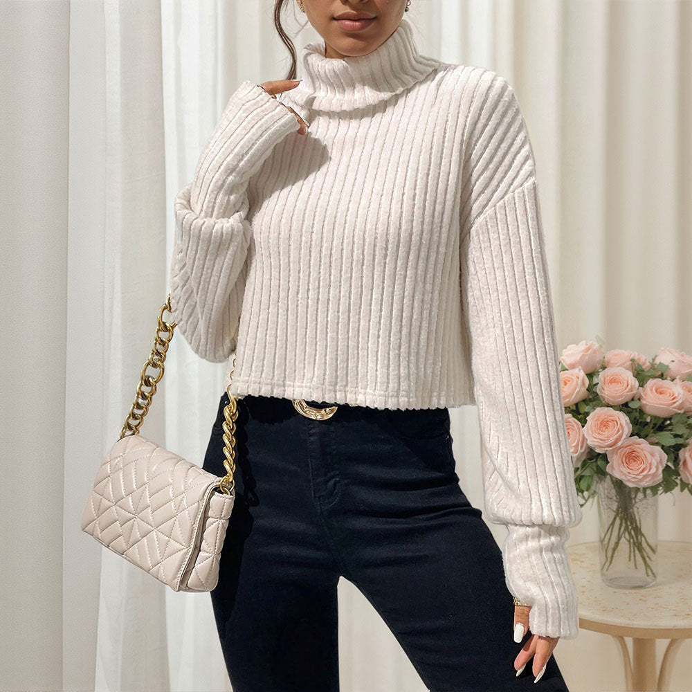 Damen geripptes Cropped‑Rollkragenpullover mit überschnittenen Schultern und voluminösen Ärmeln Shop Nory