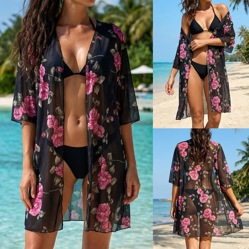 Damen eleganter transparenter Strandüberwurf mit floralem Design