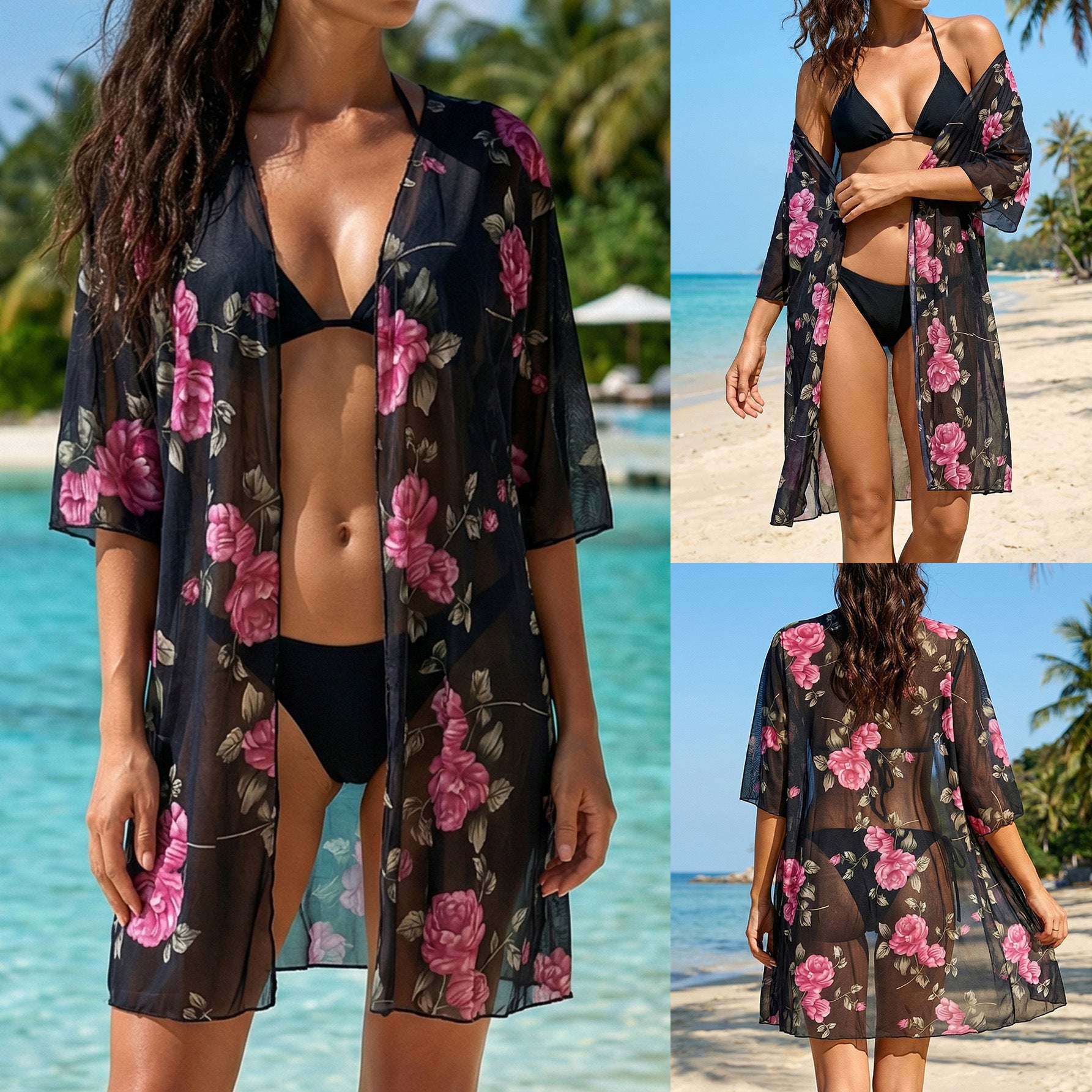 Damen eleganter transparenter Strandüberwurf mit floralem Design