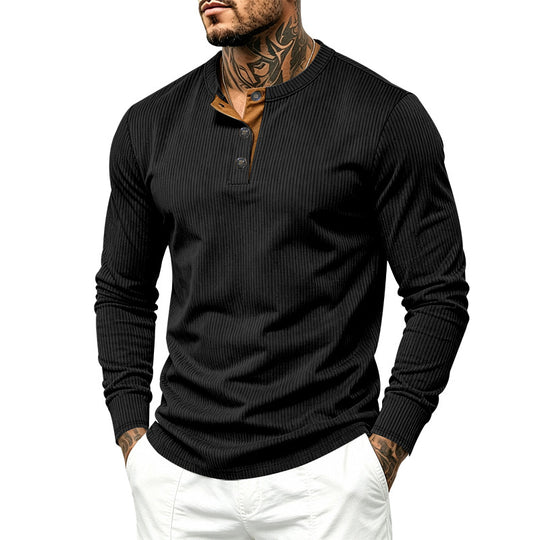 Herren Geripptes Langarm-Henley mit Stehkragen, Kontrast-Knopfleiste und Rippbündchen Shop Nory