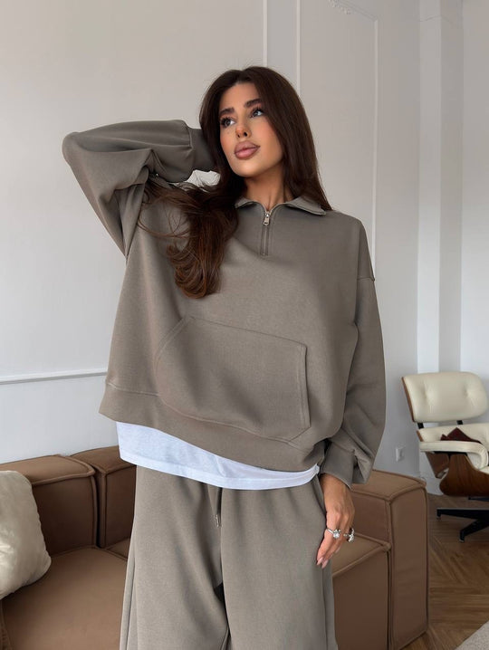 Damen Bequeme und elegante Langarm-Pullover mit Reißverschluss und weiten Jogginghose Shop Nory