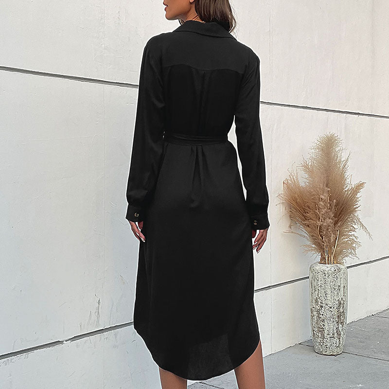 Damen Midikleid im Hemdblusenstil mit durchgehender Knopfleiste, Taillenbindegürtel und langen Ärmeln Shop Nory