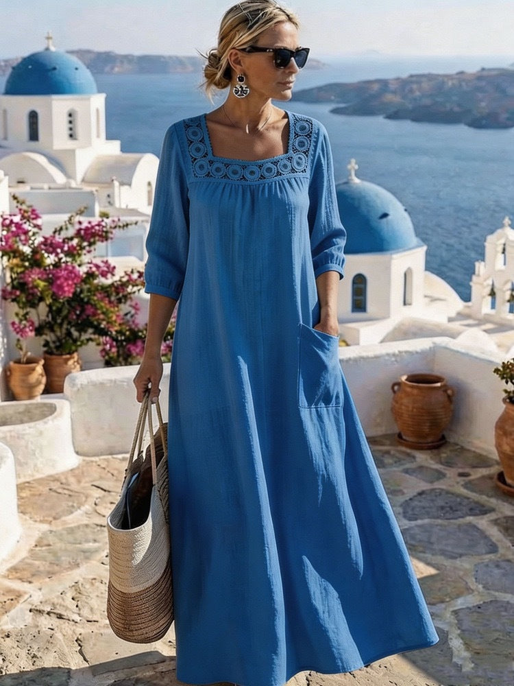 Damen Maxikleid mit gehäkeltem Quadrat-Ausschnitt, dreiviertel Ärmeln und Eingrifftasche Shop Nory