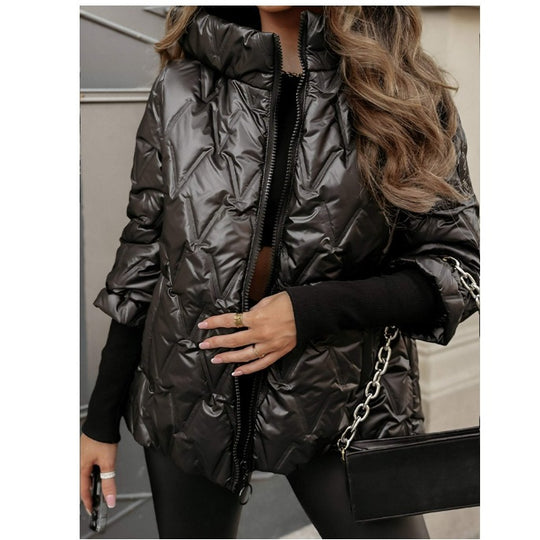 Damen nan kurze gesteppte Wattierte Steppjacke mit Hochkragen Wet-Look und Rippbündchen Shop Nory