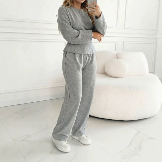 Damen Zweiteiliges Loungewear-Set aus Melange‑Jersey mit weitem Bein und Rundhalsausschnitt Shop Nory