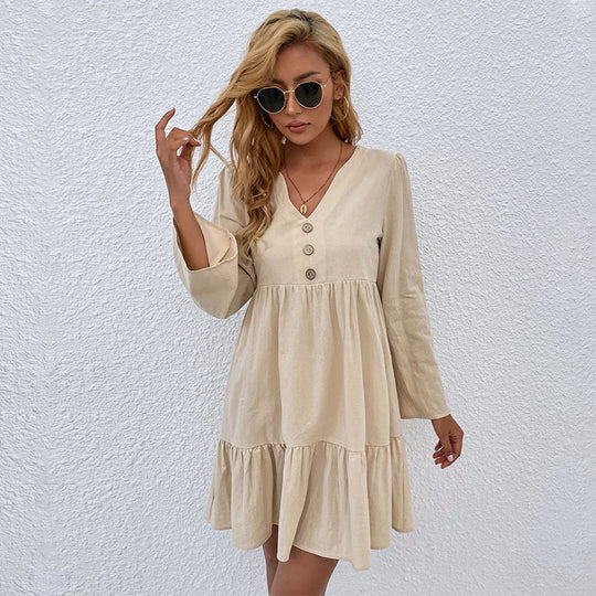 Damen V-Ausschnitt Stufenkleid mit Glockenärmeln und Knopfdetail Shop Nory
