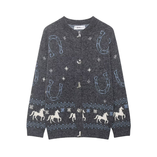 Damen Strickcardigan mit Pferde- und Hufeisen-Jacquard sowie dekorativen Stiefelknöpfen Shop Nory