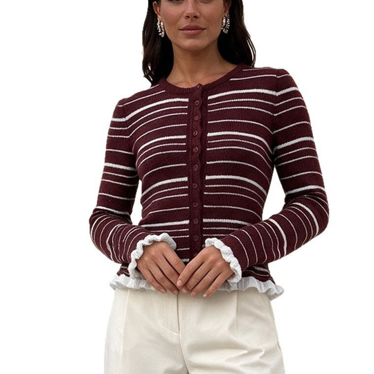 Damen Feinstrick-Buttoncardigan mit Streifen, Rüschenbesatz & taillierter Passform Shop Nory
