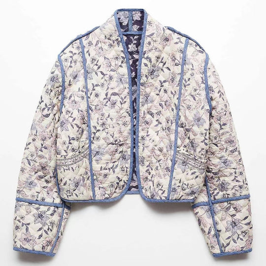 Damen Kurz geschnittene gesteppte Blousonjacke mit floraler Stickerei und Kontrastpaspel Shop Nory