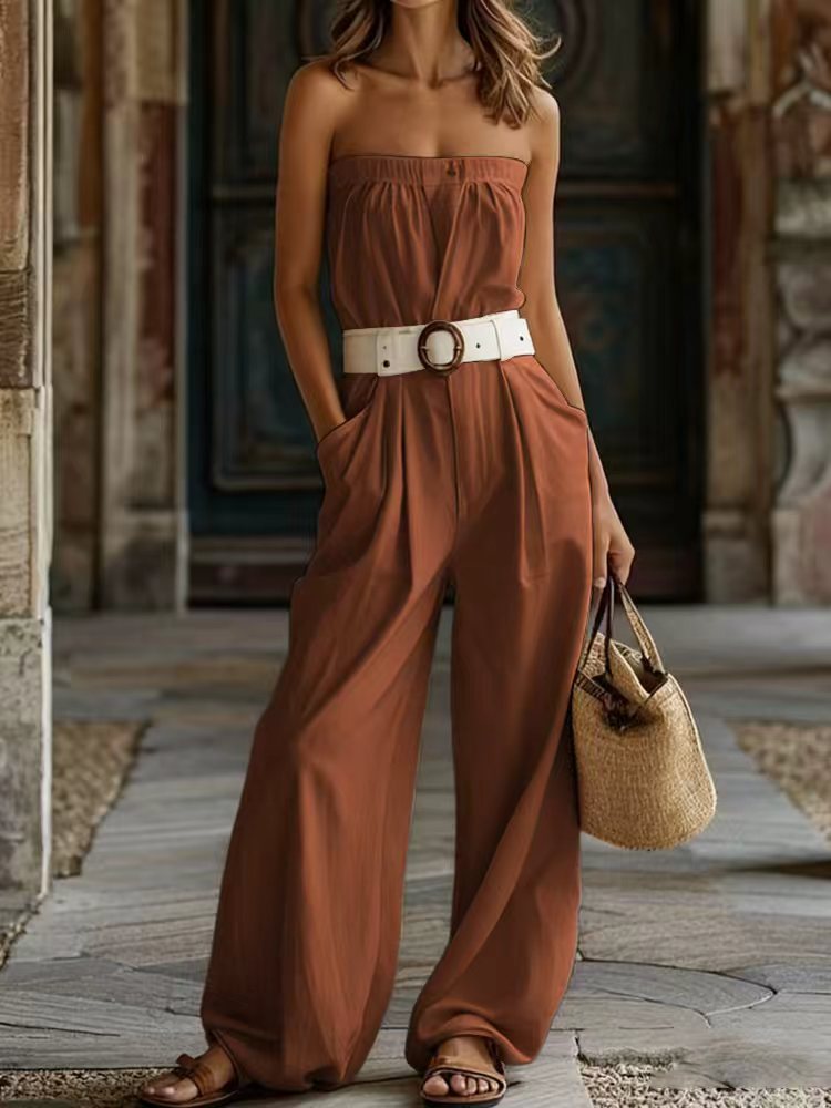 Damen Lässiger Jumpsuit mit Gürtel und weitem Bein Shopnory