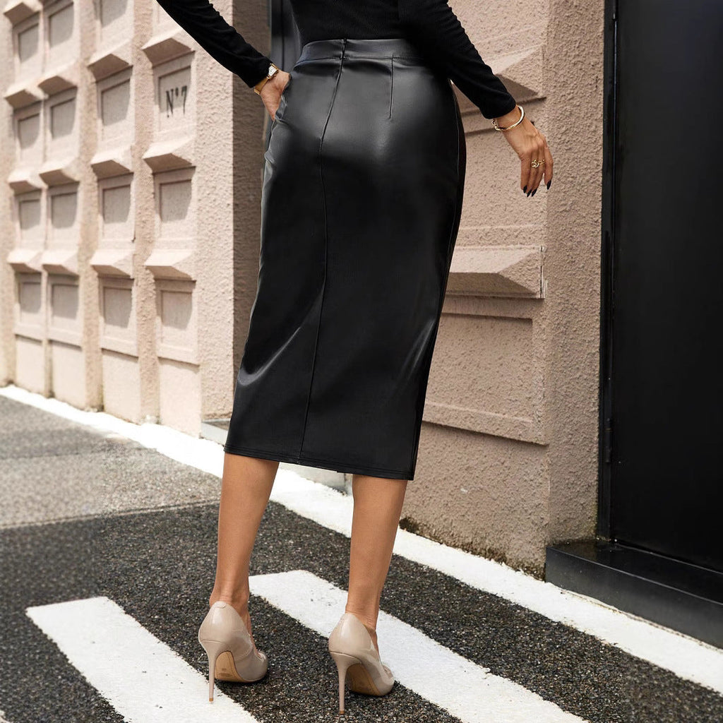 Damen Eleganter Kunstleder-Midirock mit hohen Schlitz