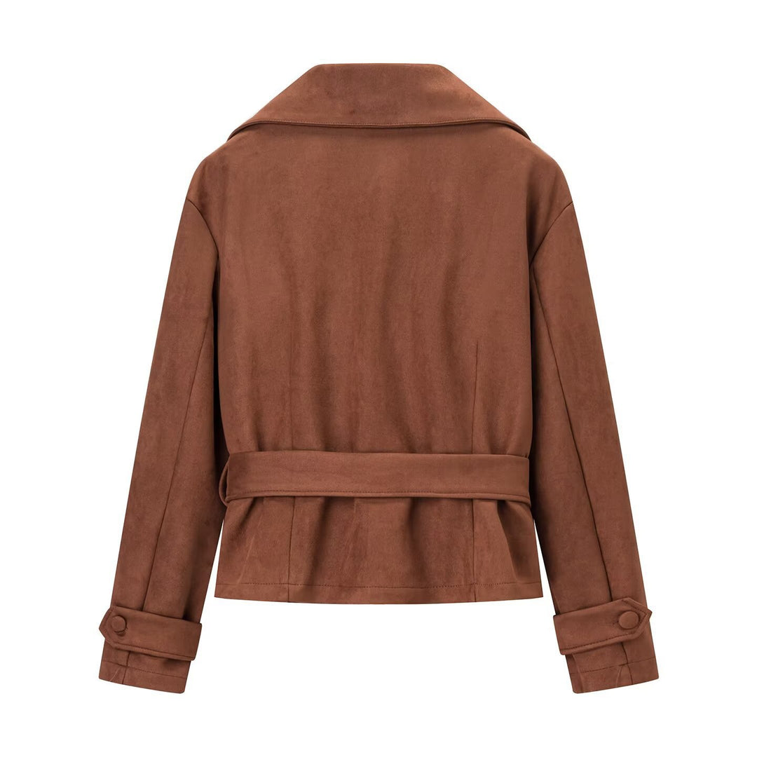Damen Kurzjacke im Veloursleder‑Look mit Taillengürtel und großem Revers Shop Nory