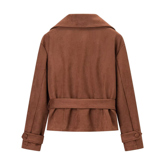 Damen Kurzjacke im Veloursleder‑Look mit Taillengürtel und großem Revers Shop Nory