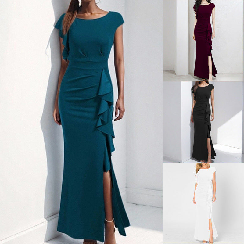 Damen elegantes Maxikleid mit Rüschendetails und seitlichem Schlitz