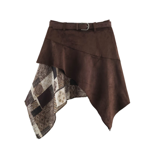 Damen Asymmetrischer Patchwork-Wickelrock mit Taillengürtel und Lagenoptik Shop Nory