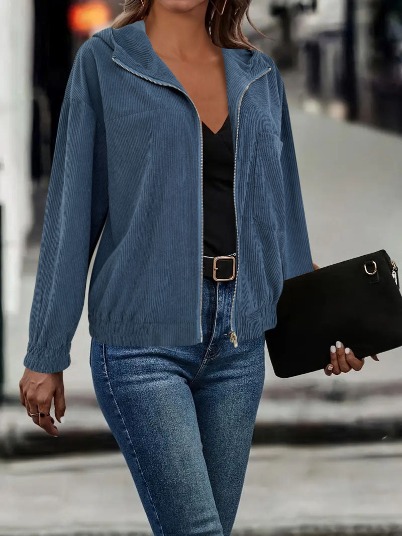 Damen Casual Cord-Hoodiejacke mit feiner Kordsamtstruktur, durchgehendem Reißverschluss und elastischem Saum Shop Nory