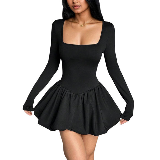 Damen figurbetontes Skater-Minikleid mit quadratischem Ausschnitt, Sculpting-Oberteil und gerafftem Tellerrock Shop Nory