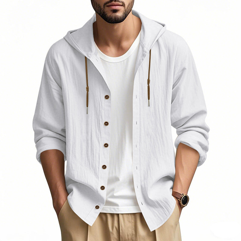 Herren nan leichtes Kapuzenhemdjacke aus Leinenoptik mit durchgehender Knopfleiste