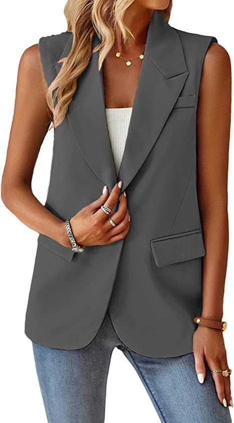 Damen Ärmellose Longline-Blazerweste mit Reverskragen, Single-Button und Pattentaschen Shop Nory