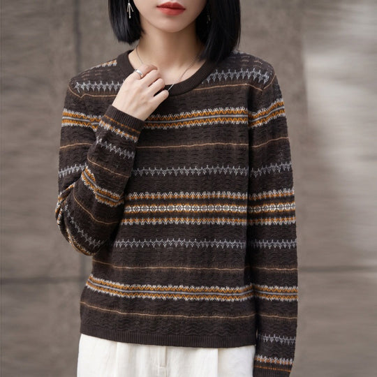 Damen Leichter Fair‑Isle Feinstrickpullover mit Rundhalsausschnitt und feiner Streifenstruktur Shop Nory