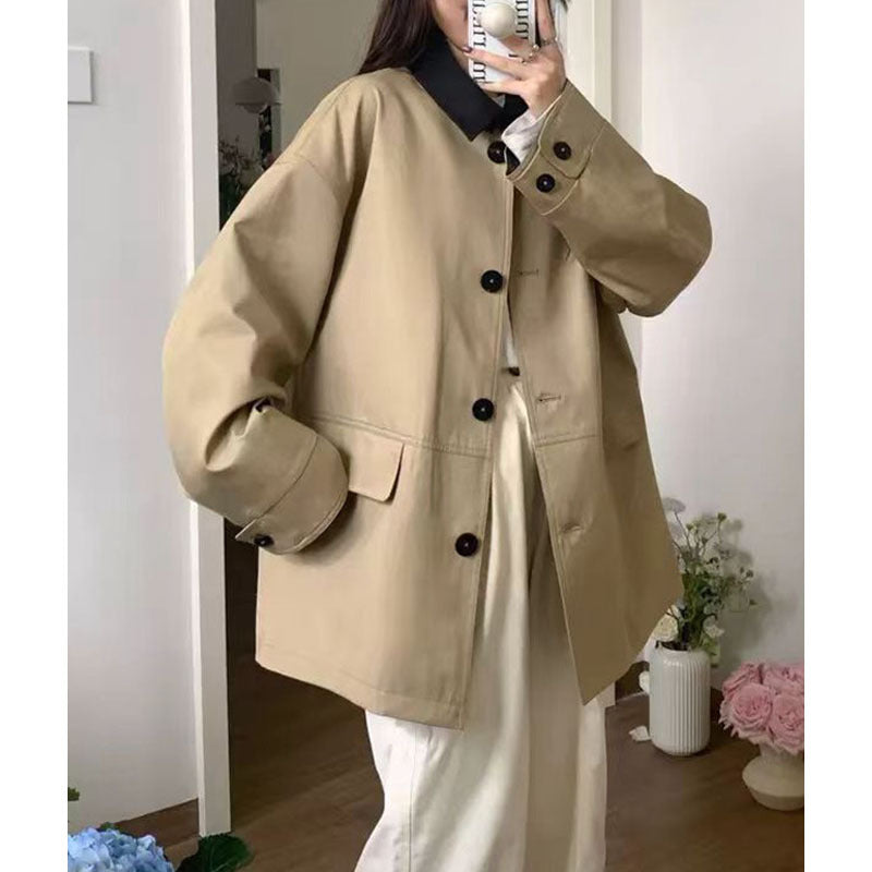 Damen Kurz-Boxy-Jacke im Trenchstil mit kontrastkragen und verstellbaren Manschetten Shop Nory