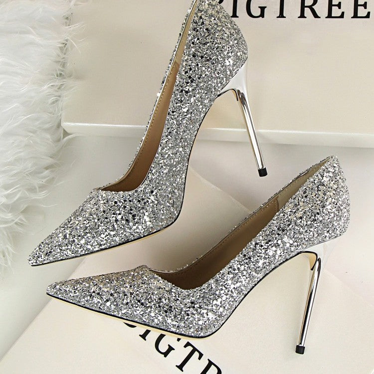 Damen Glitzer-Pumps mit spitzer Zehenform und metallic Stiletto-Absatz Shop Nory