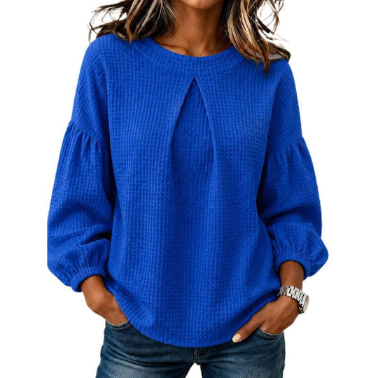 Damen Lockeres Waffelstrick-Sweatshirt mit Vorderfalte und Ballonärmeln Shop Nory