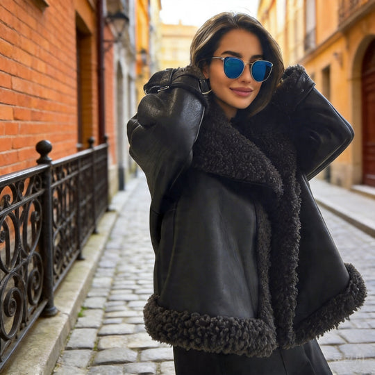 Damen Kurz geschnittene Aviator-Lederjacke mit Teddyfutter, großem Kragen und Oversize-Silhouette Shop Nory