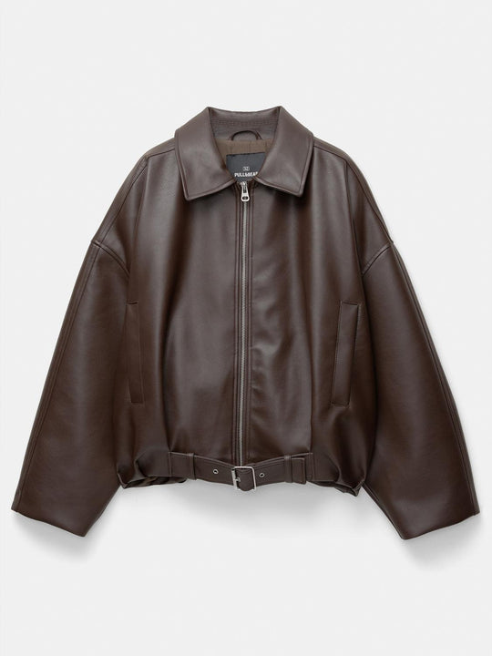 Damen Modische Kunstlederjacke mit auffälligem Kragen und Taillengürtel
