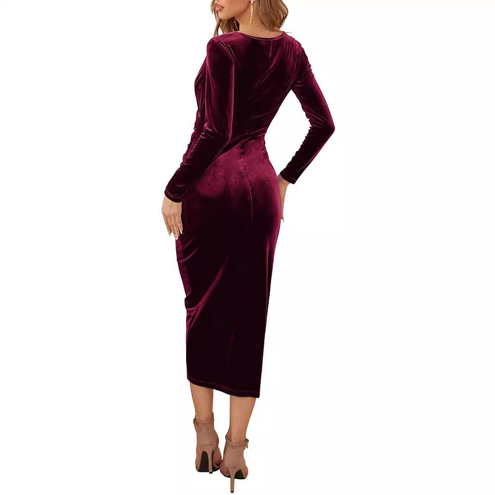 Damen Midikleid aus Samt mit Wickeloptik, Raffung und asymmetrischem Tulpen-Saum Shop Nory