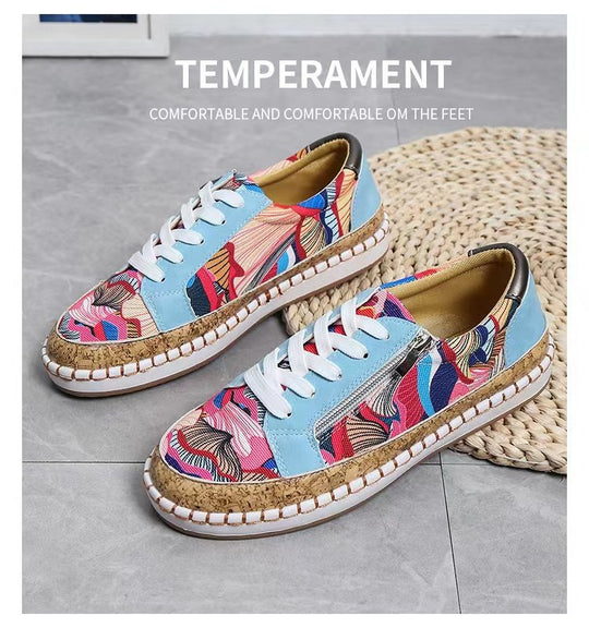Damen Modische Sneaker mit buntem Muster und hochwertigem Korkrand