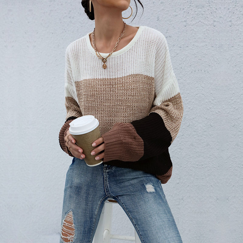 Damen Lässiger Farbblock-Strickpullover mit offener Maschenstruktur und Rundhalsausschnitt Shop Nory