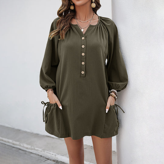 Damen Tunika‑Minikleid mit Knopfblende, Ballonärmeln und seitlicher Kordel Shop Nory