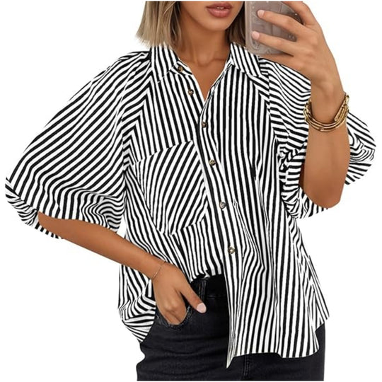 Damen Oversize Hemdbluse mit Ballonärmeln und vertikalem Streifenmuster Shop Nory
