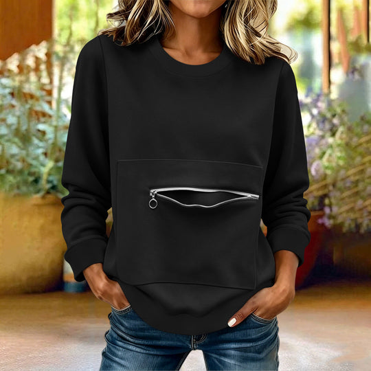 Damen nan locker geschnittenes Sweatshirt mit Frontreißverschlusstasche und Rundhalsausschnitt Shop Nory