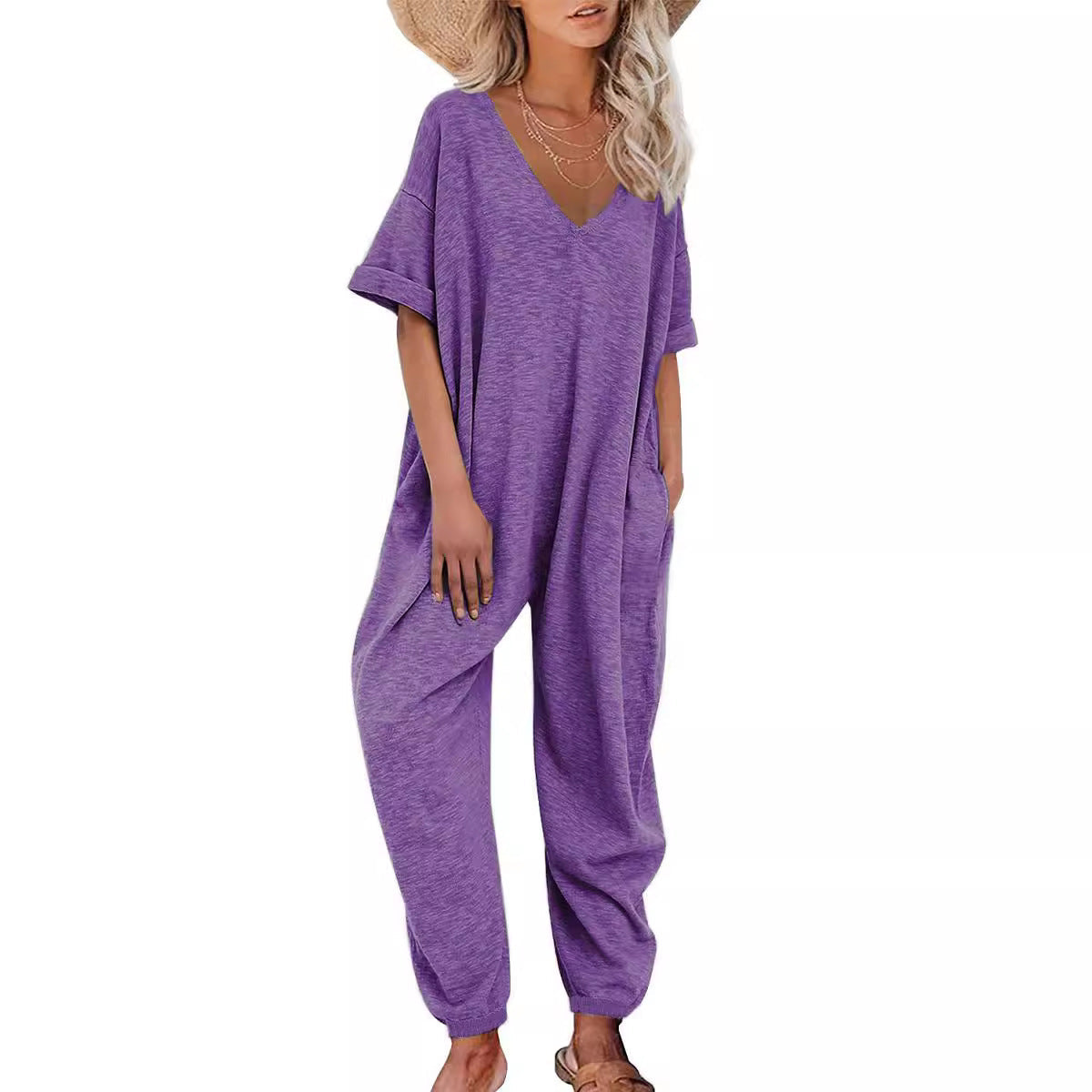 Damen Oversized Jumpsuit mit tiefem V-Ausschnitt und lässigen Taschen