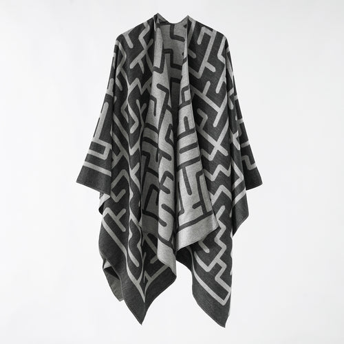 Damen Wendejacquard-Ruana mit grafischem Muster und asymmetrischem Saum Shop Nory