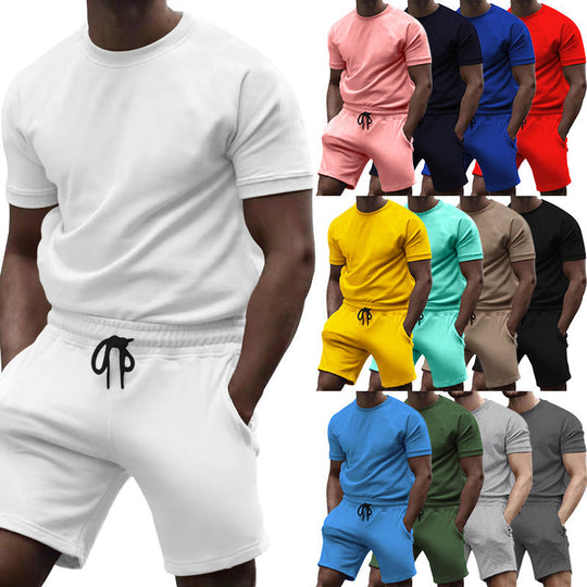 Herren nan kurzärmeliges Sweat-Set aus weichem Sweatstoff mit Rundhalsshirt und Kordelzug-Shorts