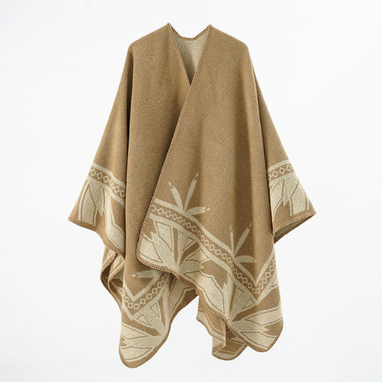 Damen Grobgewebter Umhangponcho aus Wollmix mit V-Ausschnitt und Ornamentjacquard Shop Nory