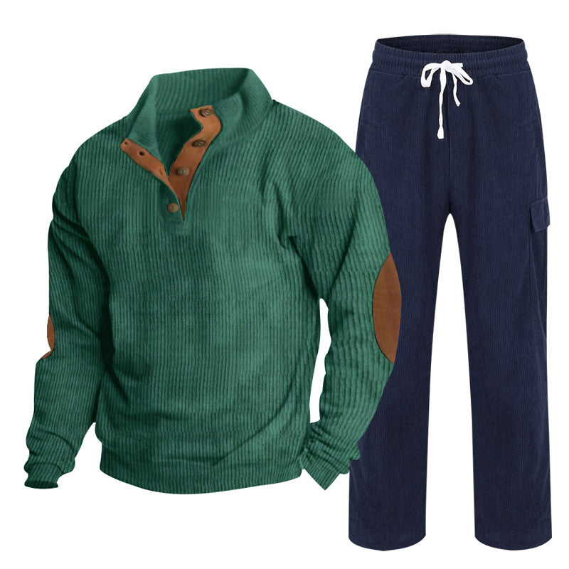Herren Gemütliches Freizeit-Set aus Waffelstrick-Henley mit Ellenbogenpatch und Relax-Cargo-Hose Shop Nory