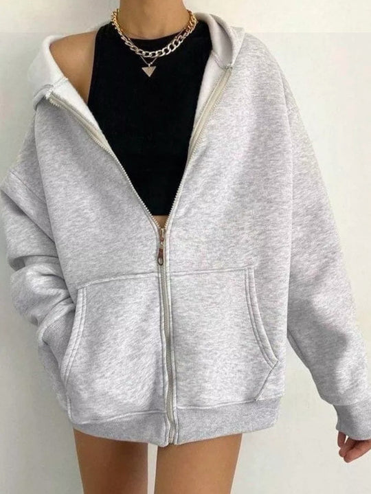 Damen nan minimalistisches French-Terry Zip-Hoodie mit durchgehendem Reißverschluss, Kängurutasche und Daumenloch-Ärmeln Shop Nory