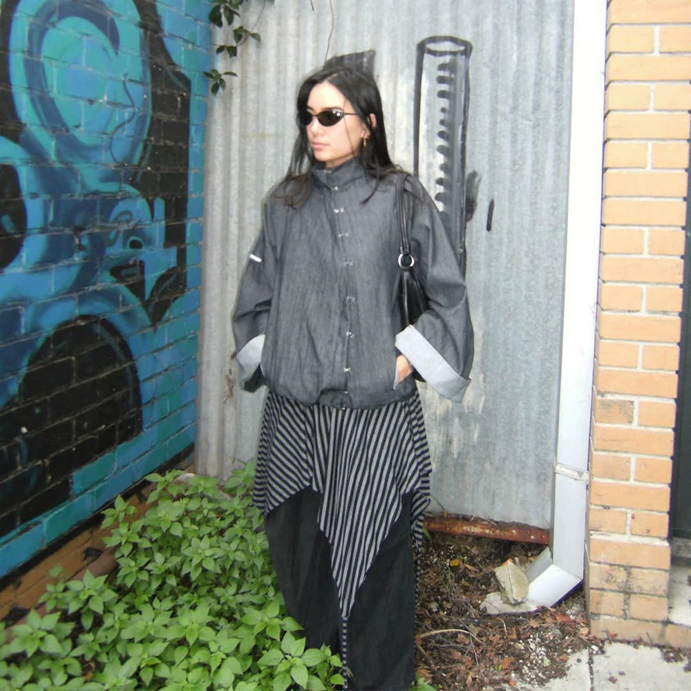 Damen Oversize-Boxy-Jacke mit asymmetrischem Druckknopfverschluss und Ärmeltasche Shop Nory