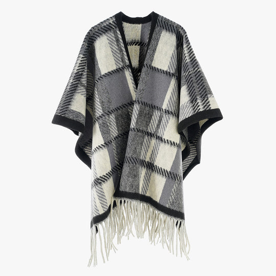 Damen Oversize-Wollmix-Poncho mit Karomuster und Fransensaum Shop Nory