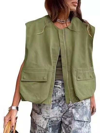 Damen Ärmellose utilitaristische Weste mit Reißverschluss und Pattentaschen Shop Nory